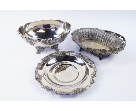 A Reed & Barton plated salver decorated in the King Francis pattern, plated oval fruit bowl and a Victorian silver plated bas