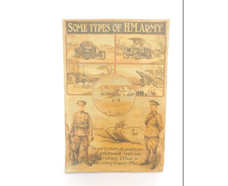 A WWI Irish Enlistment poster, some types of HM Army, with vignettes of military vehicles, planes and tanks, For Particulars 