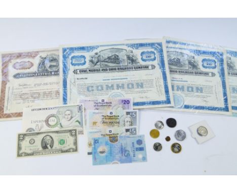 United States Railroad Company share certificates, American, Scottish and other mint uncirculated bank notes, replica coins, 
