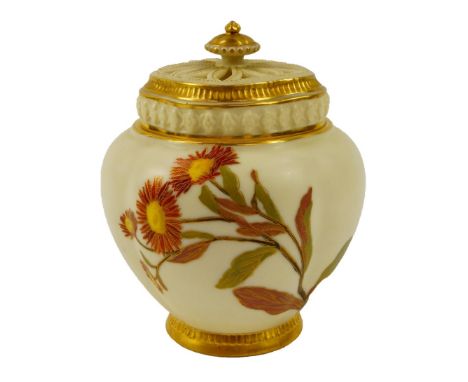 A Royal Worcester blush porcelain pot pourri vase and cover, of fluted form, with a pierced lid, decorated with sprays of mea