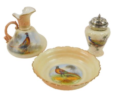 A Locke & Company Worcester porcelain dish, decorated with a pheasant, by C Morris, signed, of fluted form, together with a j