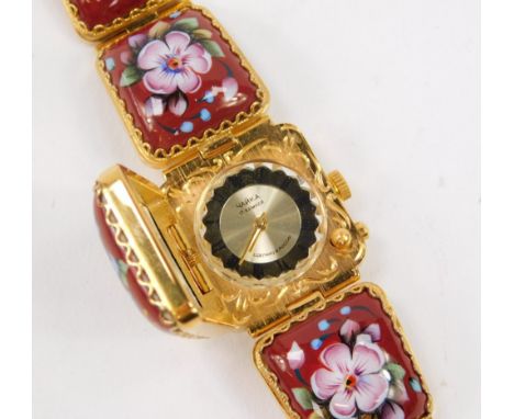 A Yanka vintage Russian Chaika wristwatch, of five linked enamel bracelet form, set in yellow metal, the central floral panel