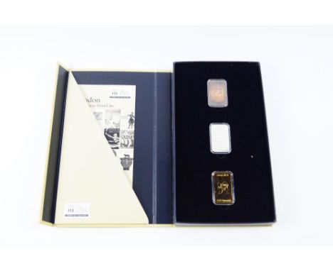 A London Olympics commemorative ingot collection, limited edition, comprising gold, silver and bronze, boxed with certificate