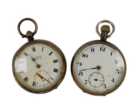 Two gentleman's silver pocket watches, open faced, one keyless wind, enamel dials bearing Roman and Arabic numerals, subsidia