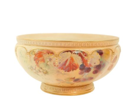 A Royal Worcester blush porcelain bowl, circa 1907, of fluted form painted with Autumn fruits, a spider and a spider on its w