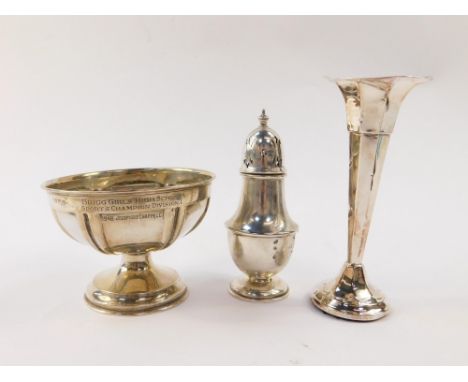 A George V silver hexagonal footed bowl, sports presentation engraved, George VI silver sugar sifter of baluster form, Birmin