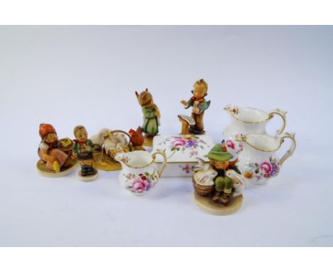 Five Hummel figures, including Playmates and Chick Girl, Royal Crown Derby Derby Posies box and cover, and three cream jugs, 