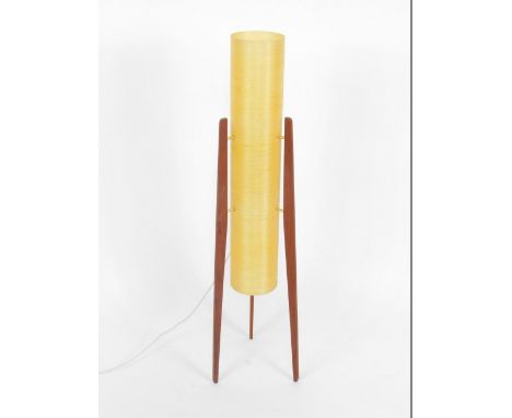 A 1970's teak and metal lamp of rocket form, with a cylindrical yellow fibreglass shade.