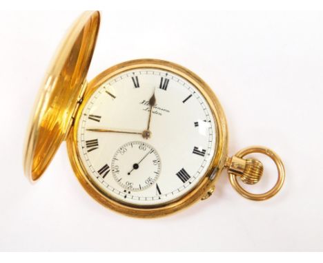 A George V 18ct gold gentleman's full hunter pocket watch by J W Benson, Ludgate Hill, London, keyless wind, signed enamel di