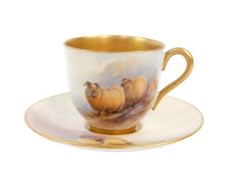 A Royal Worcester porcelain coffee cup and saucer, painted with sheep, by E Barker, c1925/26, printed marks. (AF)