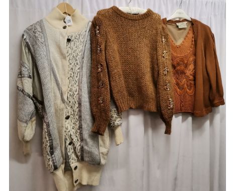 3 1980s items of clothing. Knitted cardigan with lurex thread in good condition, 80cm chest approx. Two piece blouse and jack