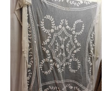 Two more odd lace curtains/bed covers applique on net some staining 225 x 225cm and 280 x 260cm 