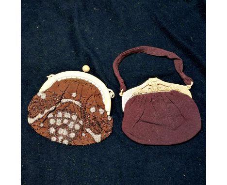 2 1920's evening purses, one brown floral inside with a celluloid top t/w brown beaded bag, plastic top,light damage to insid