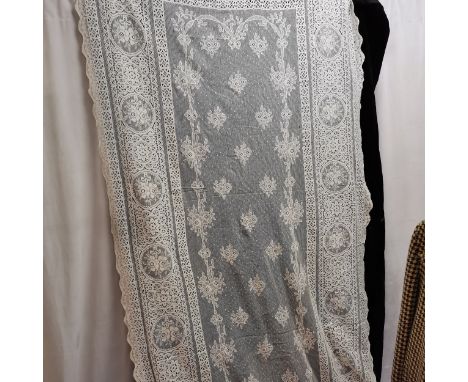 2 odd lace curtains, machine lace, slight staining, 125 x 350cm and 310 x 250cm 