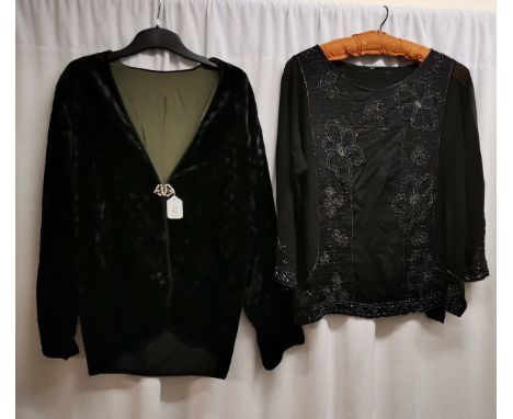 1920s crepe black blouse, beadwork embroidery to front, back and sleeves. In good condition Chest 110cm. Together with 1920s 