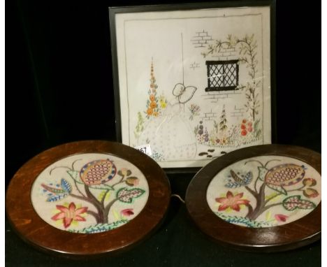 Pair of circular tapestry pictures plus 1 other. 