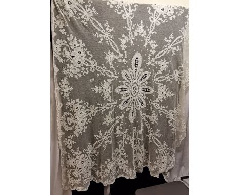 Pair of applique on net curtains, small hole to one 130 x 260cm plus bed cover to match 208 x 215cm 