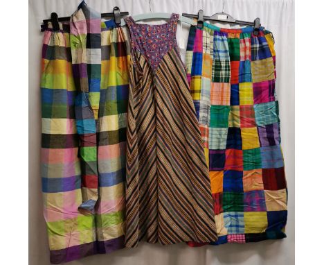 1960s 2 skirts and a Jeff Banks dress. Multi coloured patch work, long skirt in great condition, waist 72cm. Silk multi colou