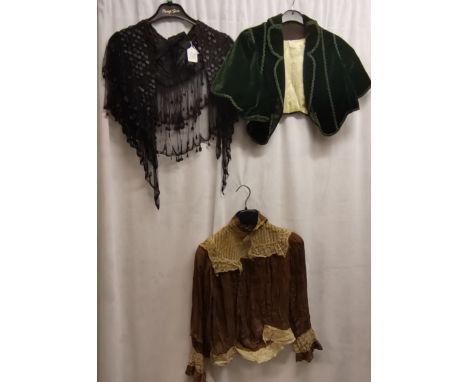 Brown Edwardian chiffon blouse t/w green Victorian velvet cape and sequinned and beaded black cape 