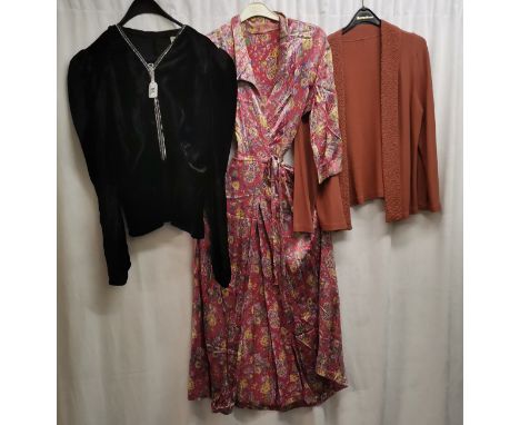 3 items of clothing 1940s. Pink satin floral print wrap over dress in good condition. Black velvet top by 'Lucie Talbot' in g