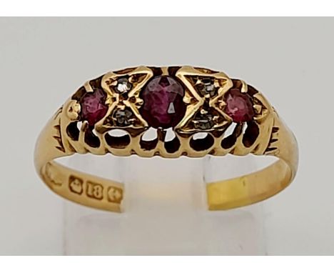 18K Yellow Gold Vintage Diamond &amp; Ruby Ring 2.7g. Size R