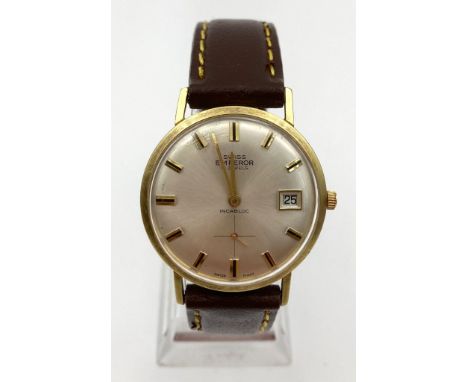 A Vintage Swiss Emperor Mechanical Gents Watch. Leather strap. Two tone case - 36mm. White dial with date window. Sub second 