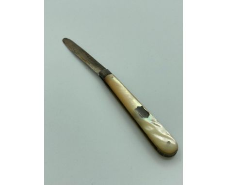 Antique SILVER bladed fruit knife with mother of pearl handle and clear hallmark for John Yeomans Cowlishaw Sheffield 1896. C