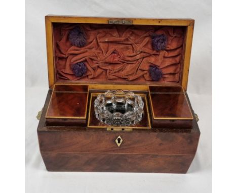 AN EARLY VICTORIAN BURR WALNUT TEA CADDY WITH TWIN STORAGE BOXES AND GLASS MIXING BOWL, BEUTIFULLY CRAFTED WITH VELVET LINING