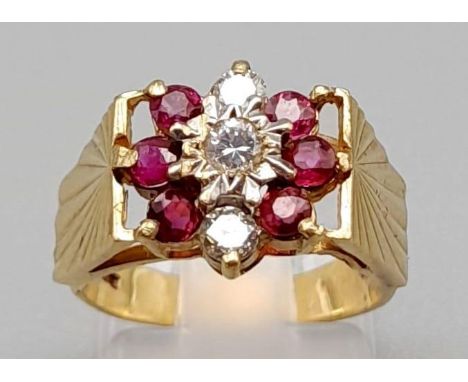 A 9K Yellow Gold Ruby and Diamond Ring. Size J 1/2.3.38g 