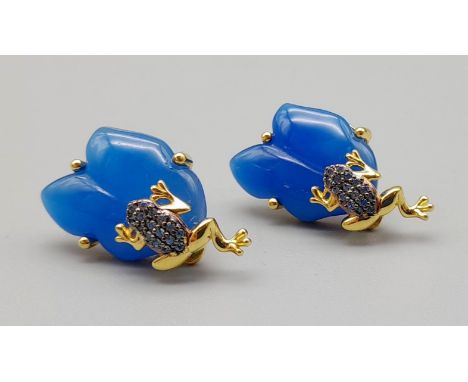 A Pair of 925 Silver Gilt Blue Jade and Topaz Frog Earrings. 