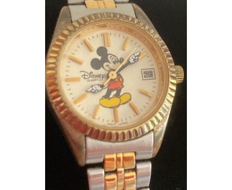 Vintage ladies MICKEY MOUSE Wristwatch with quartz movement.Full working order with gold and silver tone bracelet 