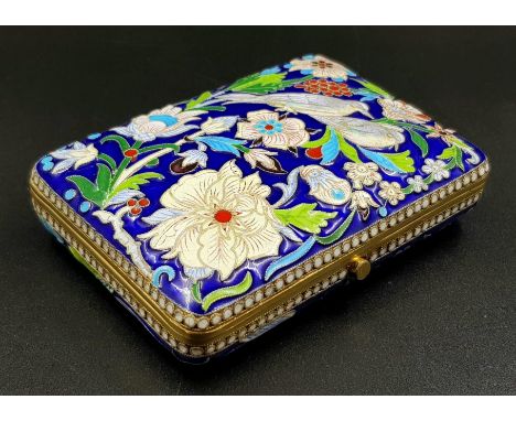 A Stunning Colourful Russian Silver Gilt and Cloisonné Enamel Cigarette Case. Blue base enamel with songbird and floral decor