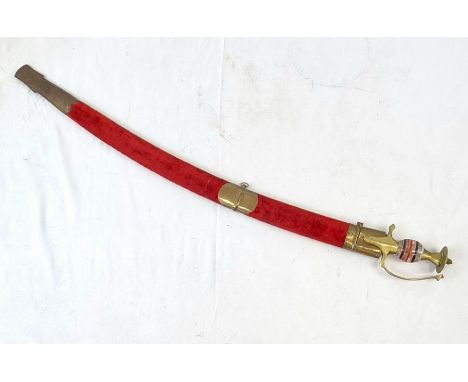 A Very Good Condition Vintage Indian Ornate Brass Handle Sword in Red Velvet Scabbard, Detailed and Inscribed Blade 83cm leng