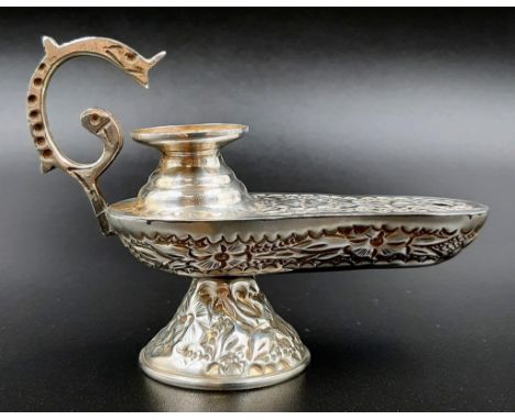 A Vintage Egyptian Embossed Decorative Genie Lamp Candle Holder. Hallmarks for Cairo - 900 purity silver. 79g. 8cm tall.11cm 