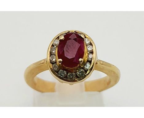 14K Yellow Gold Diamond &amp; Ruby Cluster Ring Size M 4.7g, approx 1ct Ruby.