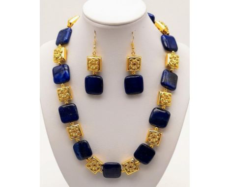 A gorgeous lapis lazuli necklace and earrings set with 18 K gold luxuriously plated spacer beads. Necklace length:49-53 cm, e