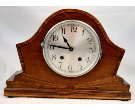 AN ANTIQUE WOODEN MANTLE CLOCK IN ART DECO STYLE  36cms width at base and 26cms in height. a/f 