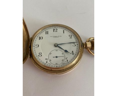 Vintage Elgin gold plated FULL HUNTER POCKET WATCH Swiss movement with Face showing Thomas Russell of Liverpool. Extremely go