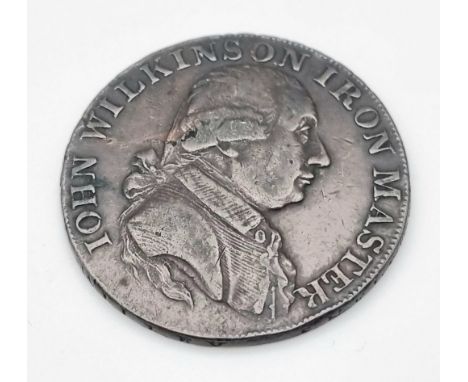 A 1793 John Wilkinson Iron Master Copper Halfpenny Coin. 10.32g. Good definition but please see photos for conditions. A/F. 