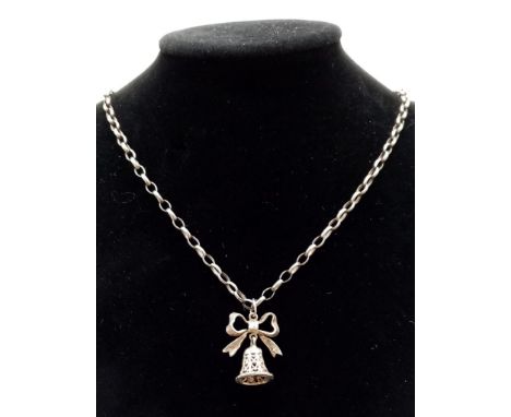 Vintage Silver Fully Hallmarked London 1986 Bow Bell Pendant Necklace 62cm chain, 2.5cm Pendant drop 12.46 grams 