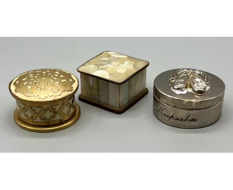 Three Vintage or Antique Decorative Metal and Mother of Pearl Trinket Boxes. Largest box - 4.5cm. A/F 