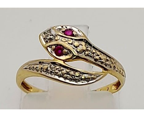 14k Yellow Gold Diamond &amp; Ruby Snake Ring 1.3g. Size I 