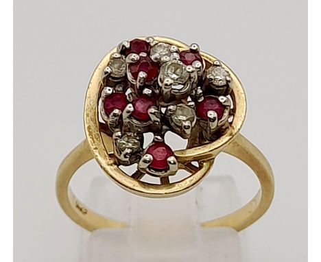 14K Yellow Gold Diamond &amp; Ruby Swirl Cluster Ring   Size O 4.3g 
