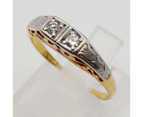 A Vintage 18K Yellow Gold and Platinum Diamond Two-Stone Ring. 0.15ct. Size N. 2.4g 