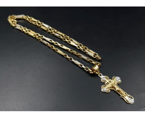 A 14 K gold Russian cross with Jesus pendant with chain. Cross dimensions: 40 x 24 mm, chain length: 65 cm, total weight: 14 