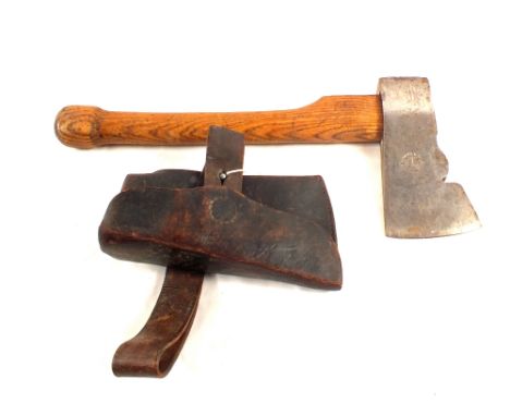 A German Firemans axe with leather sheath, bearing number 2608