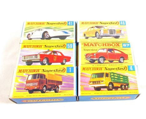 Six Matchbox 1-75 Series Superfast, Le Mercedes truck in gold, 4d Dodge Stake truck in yellow/green, 41c Ford G.T. white body