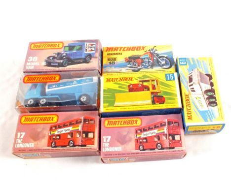 Seven boxed Matchbox 1-75 Series, 2 x 17f The Londoner Bus 'Berger Paints' in cream, brown and 15th Grand Transport Extravaga