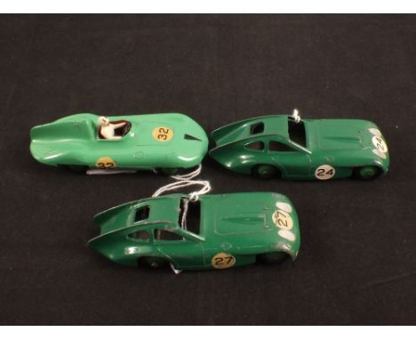 Three Dinky Toys racing cars, two 163 Bristol Coupe both in dark green No.24 and No.27, 236 Connaught in light green No.32