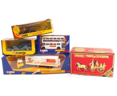 Four boxed Corgi models, C1231 Volvo Globetrotter, John Lewis and Peter Jones van, White London Transport bus, 923 Sikorsky C